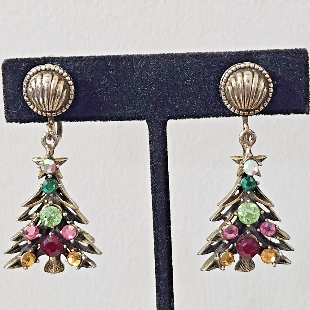 Vintage Hollycraft Christmas Tree Earrings Clip on Multi Color Rhinestone Dangle